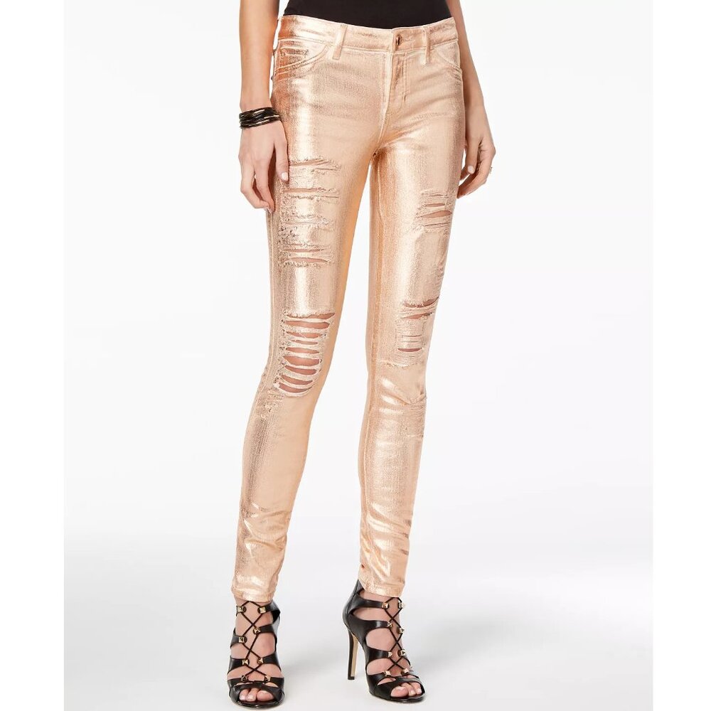 Guess, Sexy Curve Metallic Destroyed Jeans, Rose Copper, Size 26